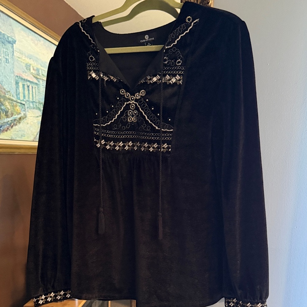 Curations Black Velvet Embroidered Tunic Top